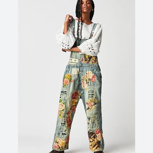 Magnolia Pearl/Free People Floral Appliqué Denim Overalls - Vintage - OS - NWT - Picture 3 of 16